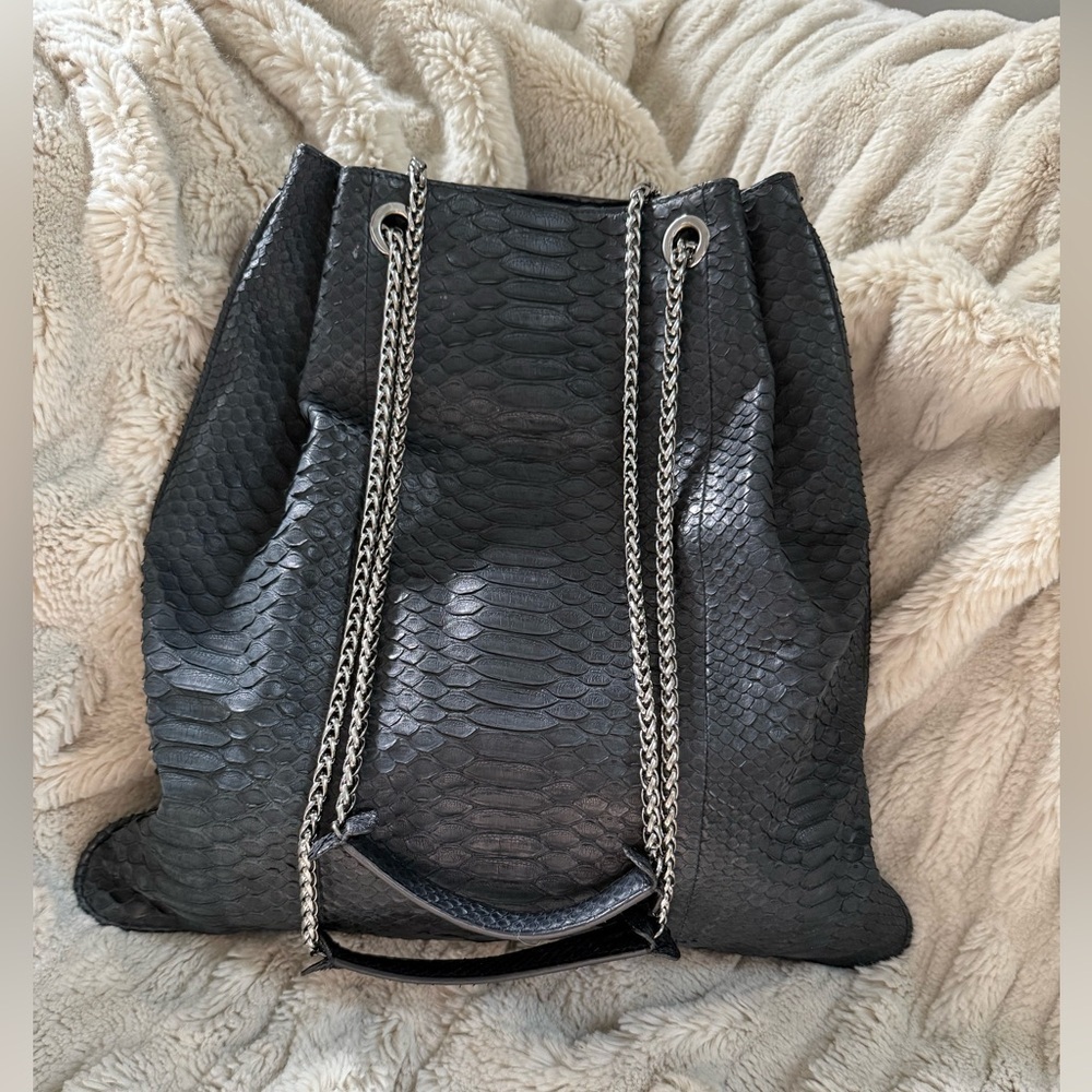 Devi Kroell Black Python Snakeskin Leather Shoulder Bag with Silver Chain Straps